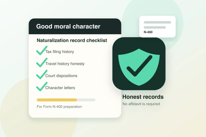 Green card holder na sinusuri ang mga kinakailangan sa good moral character kasama ang USCIS Form N-400, tax records, at notarized character reference letter sa mesa