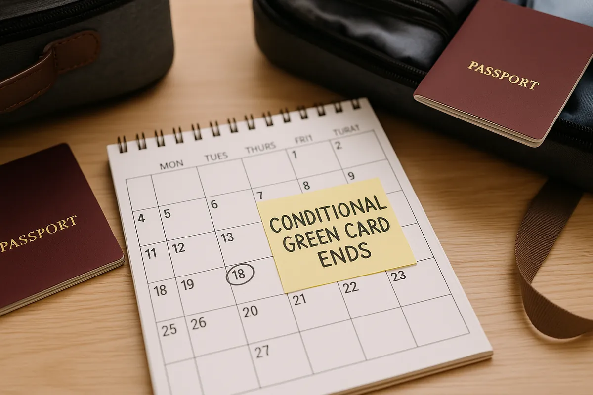 Calendar marking conditional green card expiration date with two passports and packed suitcases for international travel