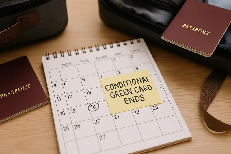 Calendar marking conditional green card expiration date with two passports and packed suitcases for international travel