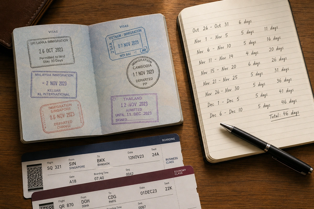 Bukas na U.S. passport na may mga selyo ng international travel katabi ng sulat-kamay na talaan na binibilang ang mga araw sa labas ng Estados Unidos para sa citizenship