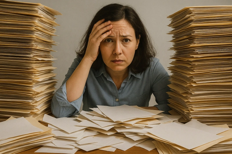 Overwhelmed green card holder with stacks of immigration documents learning difference between continuous residence and green card status