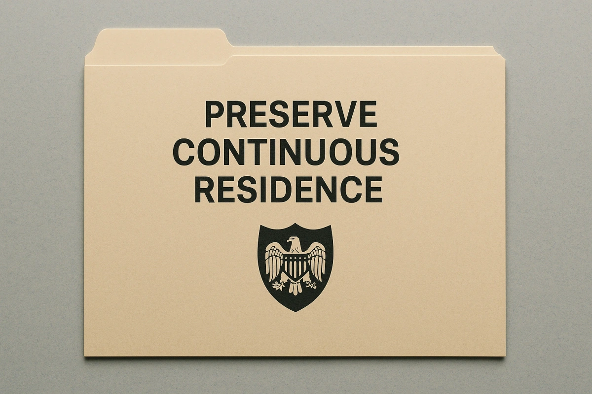 Form N-470 document folder with 'Preserve Continuous Residence' text and U.S. eagle shield emblem for green card holders working abroad