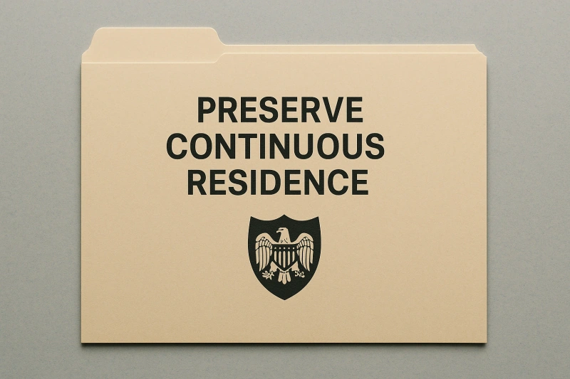 Form N-470 document folder with 'Preserve Continuous Residence' text and U.S. eagle shield emblem for green card holders working abroad