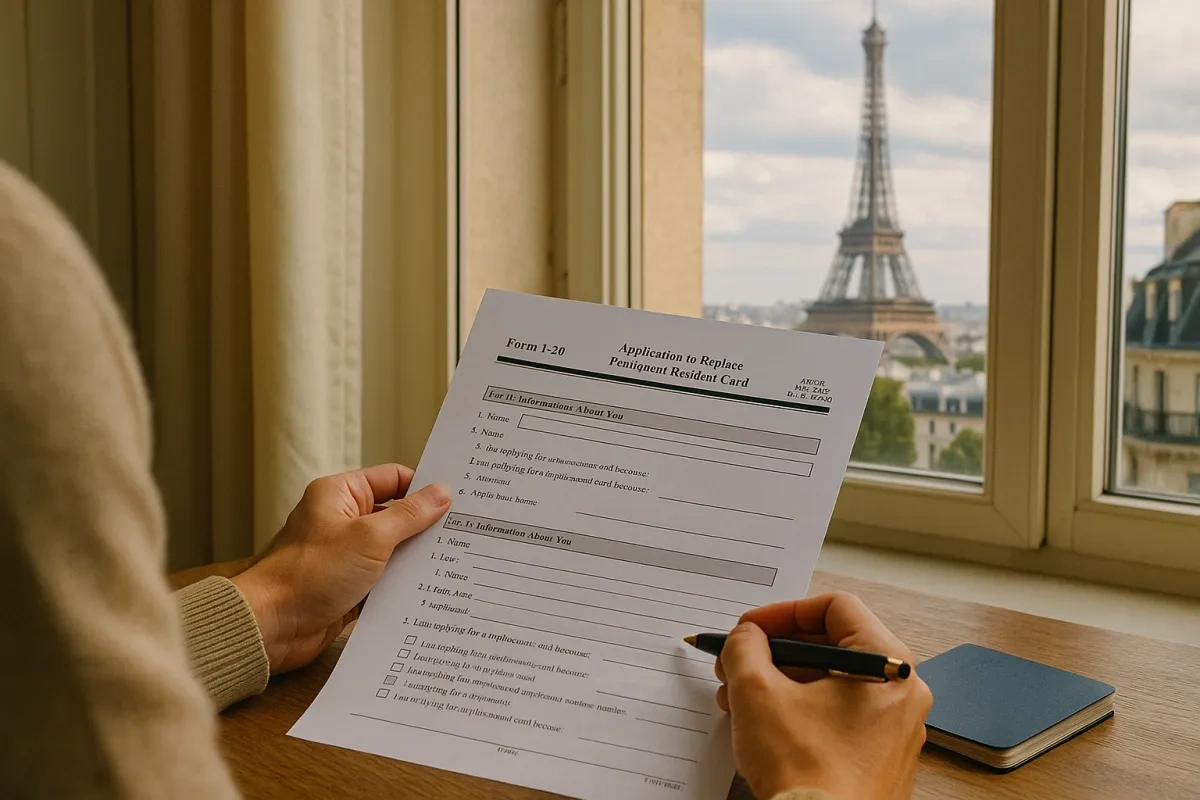 Hand filling out Form I-90 application for green card renewal with the Eiffel Tower visible through window, illustrating green card holder renewing while traveling abroad