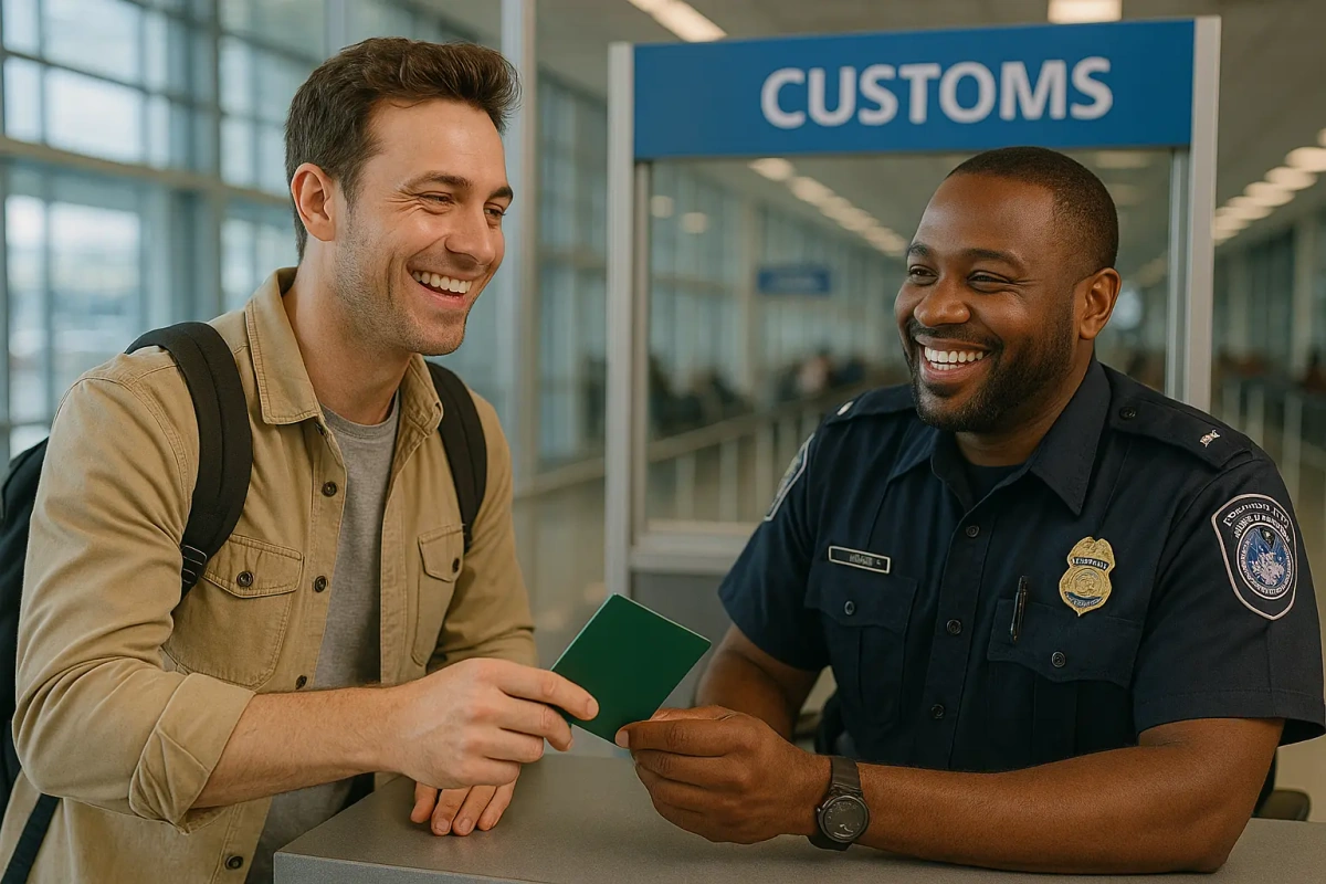 Green card holder presenting I-131 reentry permit to CBP officer at US airport customs after international travel