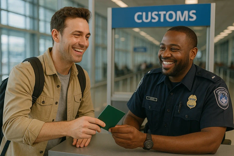 Green card holder presenting I-131 reentry permit to CBP officer at US airport customs after international travel