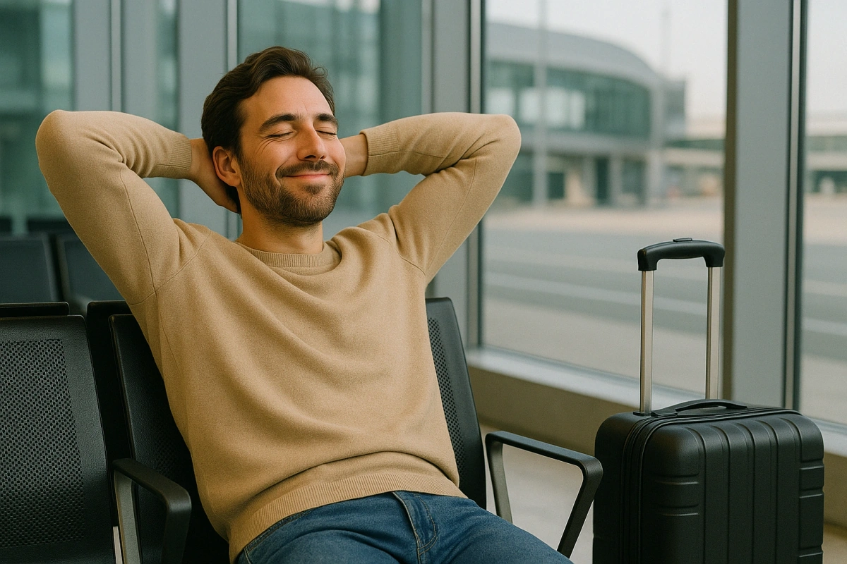 Relaxed green card holder at airport terminal with approved I-131 reentry permit, confident about international travel requirements