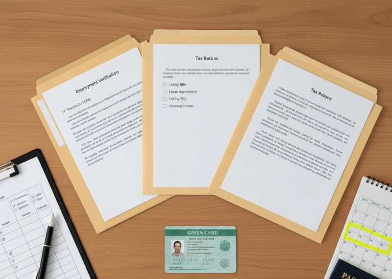 Evidence documents for proving continuous residence including employment verification, tax returns, green card, calendar, and passport on wooden desk