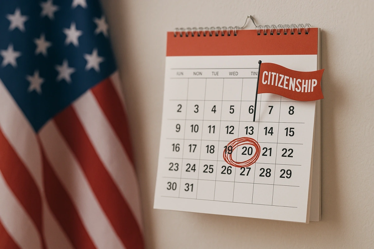 Wall calendar marked with citizenship eligibility date next to American flag for N-400 application timeline