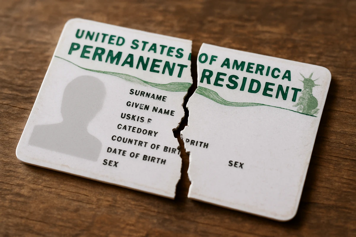 Broken green card representing green card abandonment and loss of permanent resident status due to extended travel