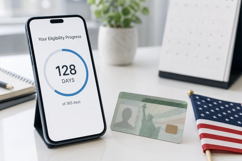Physical presence calculator sa isang phone na nagpapakita ng progreso ng U.S. citizenship eligibility katabi ng green card at bandila ng Amerika