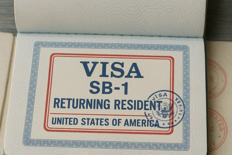 美国护照上的SB-1返回居民签证印章,适用于在国外停留超过一年的绿卡持有人
