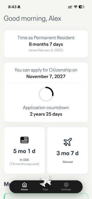 App dashboard showing trip statistics and citizenship eligibility status