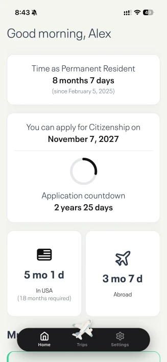 App dashboard showing trip statistics and citizenship eligibility status