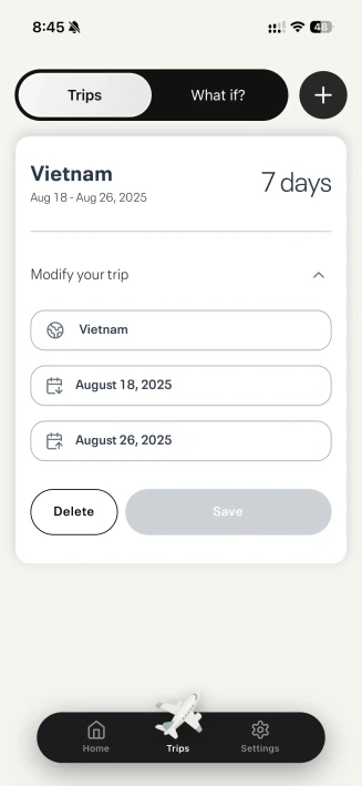 Add or edit trip form with departure and return dates