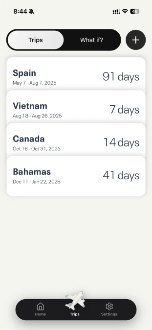 Trip history list showing all international travel