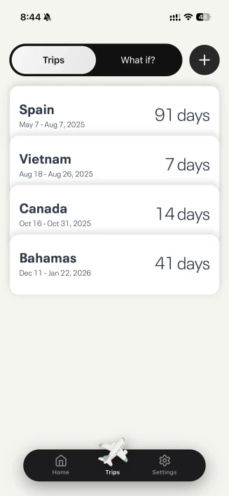 Trip history list showing all international travel