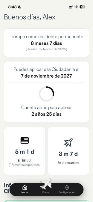 Panel de la app mostrando estadísticas de viajes y estado de elegibilidad para la ciudadanía