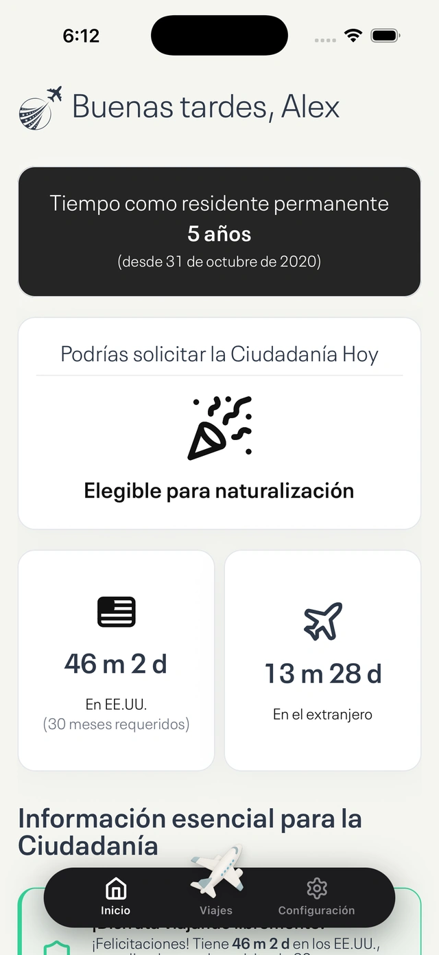 Panel de la app mostrando estadísticas de viajes y estado de elegibilidad para la ciudadanía