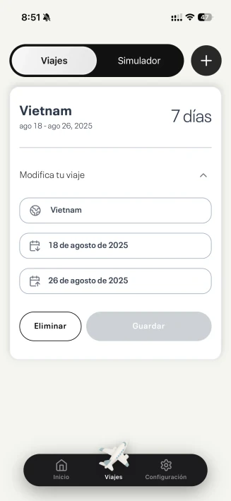 Formulario para agregar o editar un viaje con fechas de salida y regreso