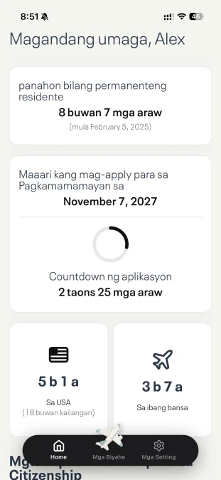 Dashboard ng app na nagpapakita ng estadistika ng biyahe at katayuan ng pagiging kwalipikado sa pagkamamamayan