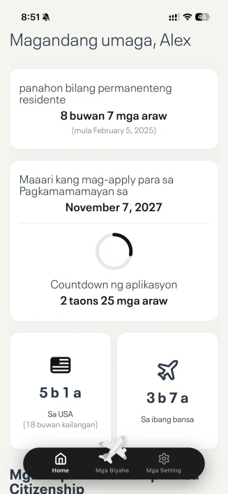 Dashboard ng app na nagpapakita ng estadistika ng biyahe at katayuan ng pagiging kwalipikado sa pagkamamamayan