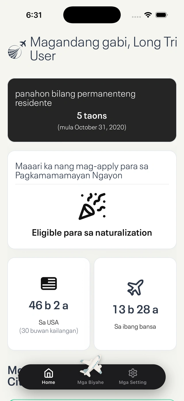 Dashboard ng app na nagpapakita ng estadistika ng biyahe at katayuan ng pagiging kwalipikado sa pagkamamamayan