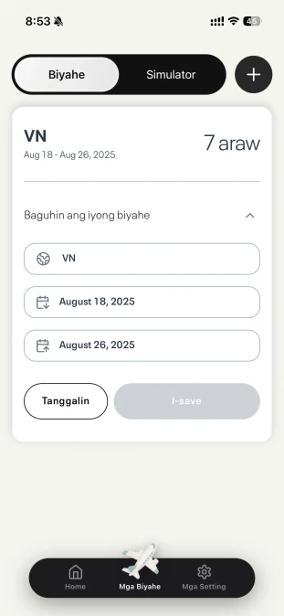 Form para magdagdag o mag-edit ng biyahe na may mga petsa ng alis at balik