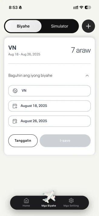 Form para magdagdag o mag-edit ng biyahe na may mga petsa ng alis at balik
