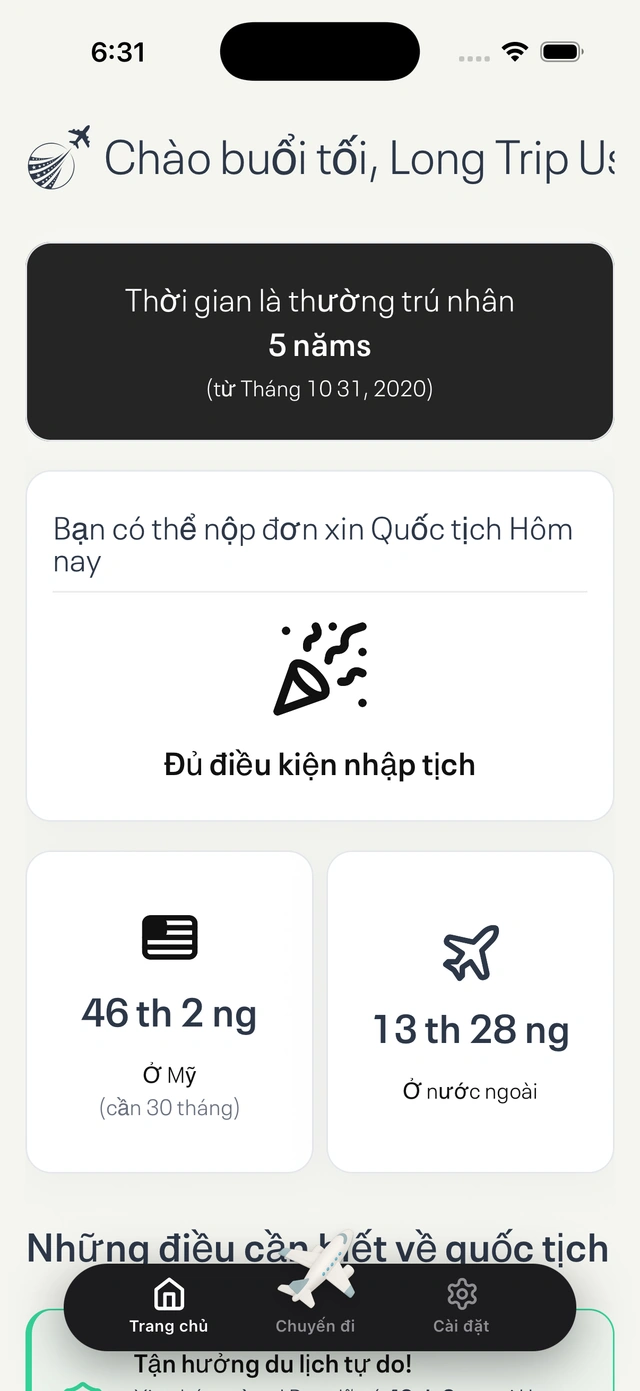 Bảng điều khiển hiển thị thống kê chuyến đi và trạng thái đủ điều kiện nhập quốc tịch