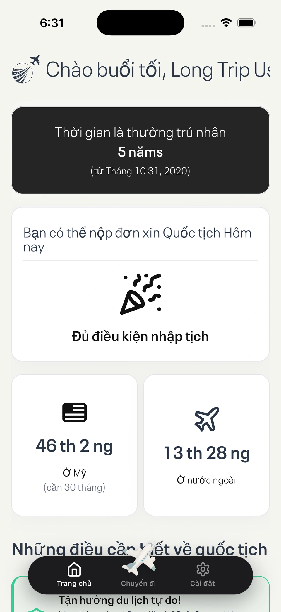 Bảng điều khiển hiển thị thống kê chuyến đi và trạng thái đủ điều kiện nhập quốc tịch