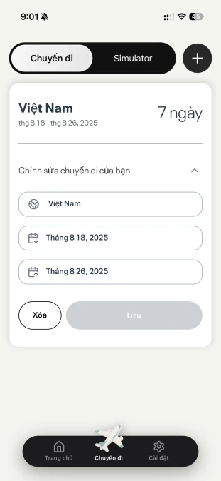 Biểu mẫu thêm hoặc chỉnh sửa chuyến đi với ngày đi và ngày về