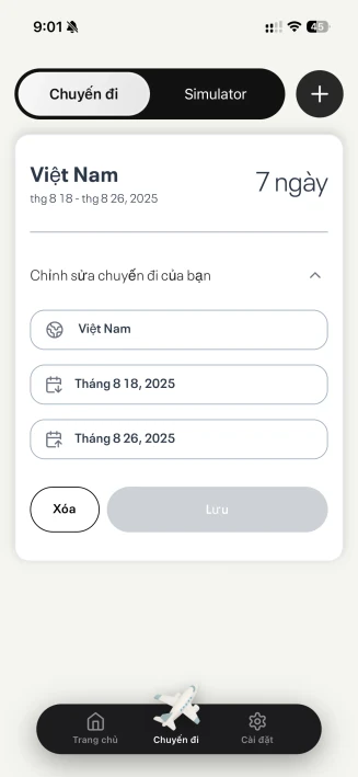 Biểu mẫu thêm hoặc chỉnh sửa chuyến đi với ngày đi và ngày về